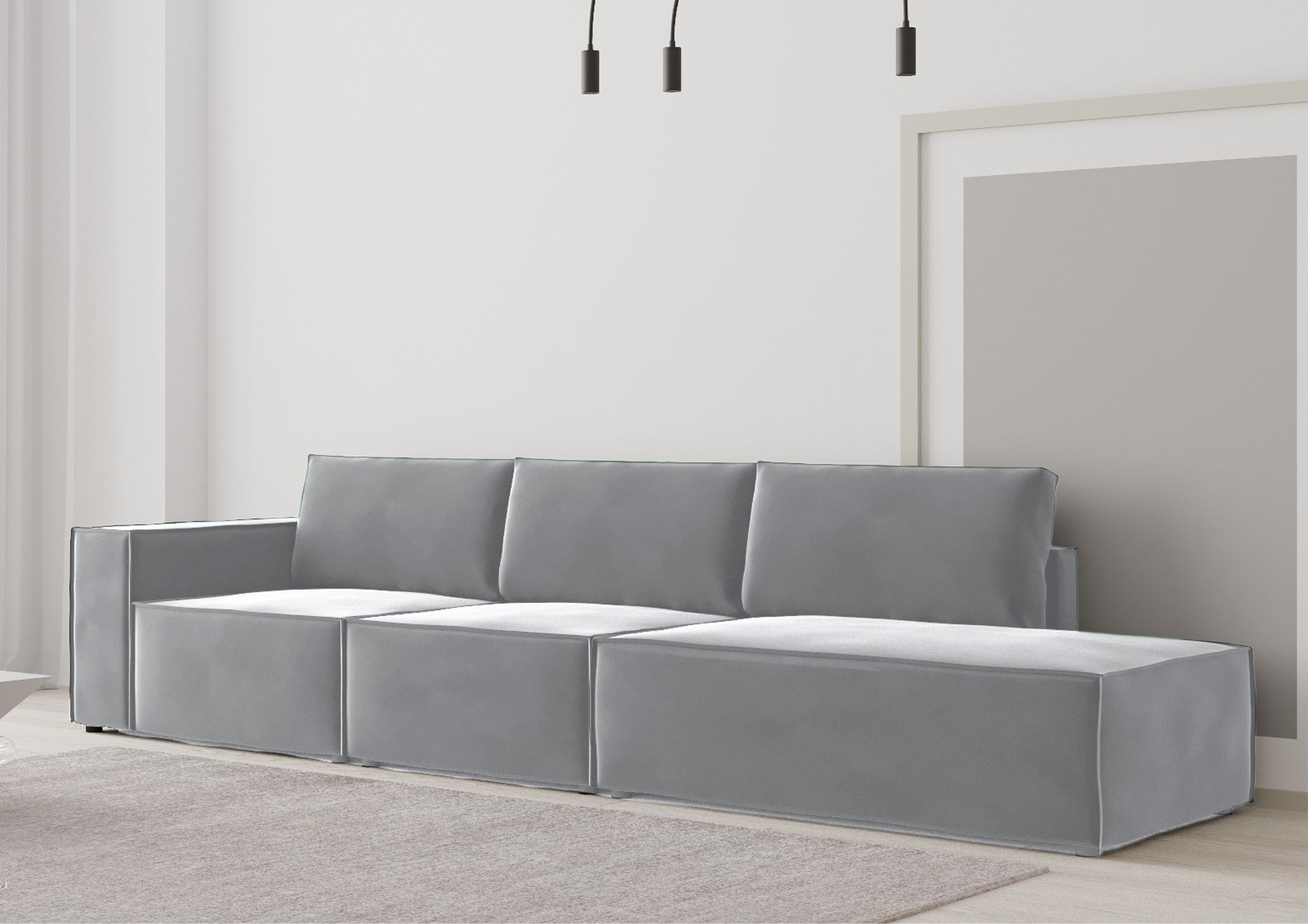 Szara sofa modułowa z zewnętrznym szwem
